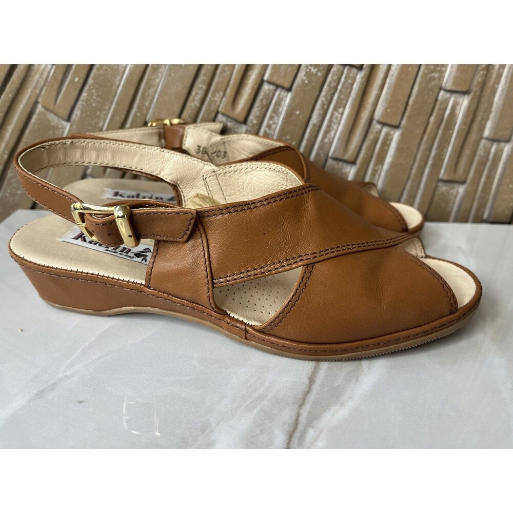 Vtg Katrin Italy Brown Leather Low Heels Wedge Sandals 38 Us 7.5